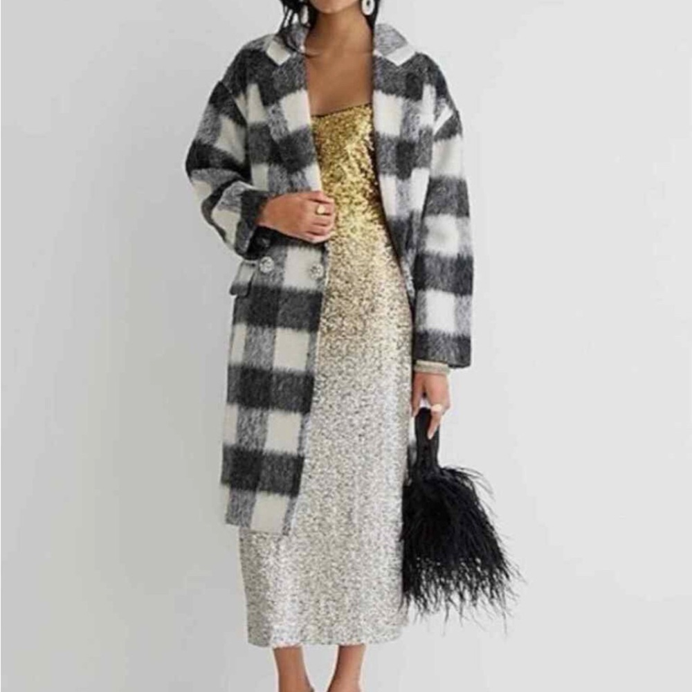 J.Crew Collection Italian Brushed Buffalo Check Ivory Plaid Topcoat Large (NWT)